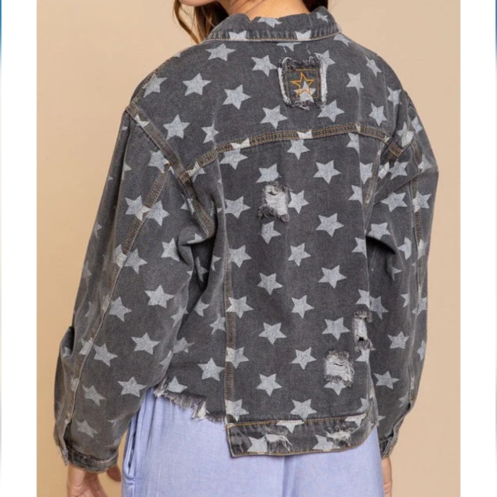 Pol Star Patterned Denim Distressed Jacket Size L… - image 3